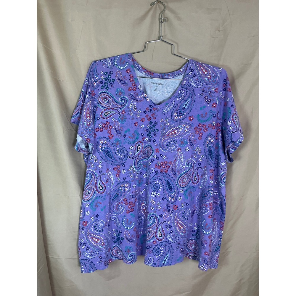 Woman Within T-Shirt Womens 3X Purple Good Paisley Floral V-Neck Cotton Tee‎